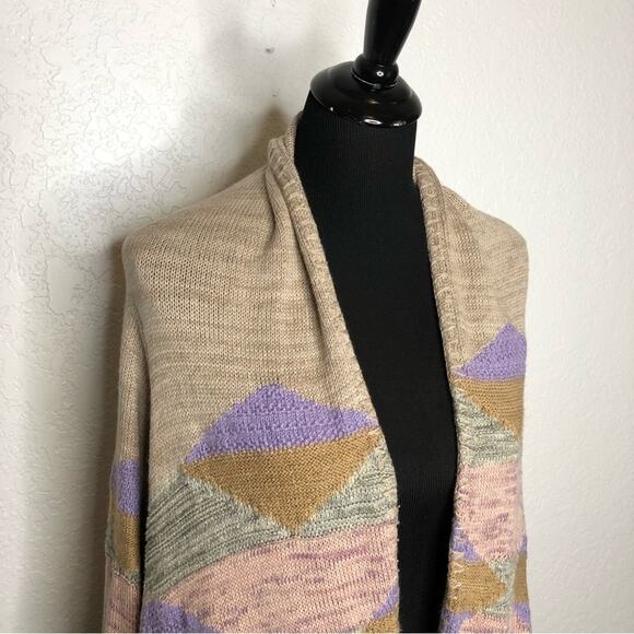 Lauren Ralph Lauren tan pink southwestern open long wool blend cardigan L/XL - Picture 2 of 16